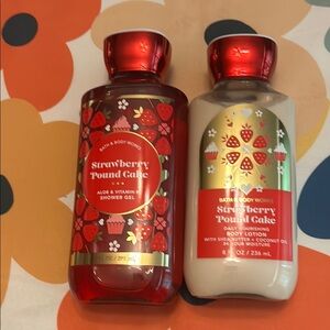 Bath & Body Works Strawberry Pound Cake Body Wash and Lotion Set - Red and Cream